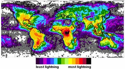Relative lightning frequency worldwide (US National Space Science and Technology Center)