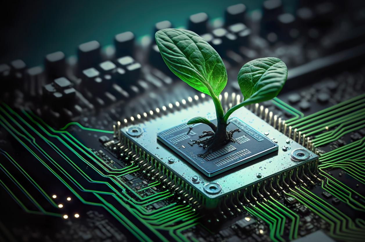 A green plant sprouting from a semiconductor chip on a circuit board, symbolizing the connection between technology, innovation, and sustainability.