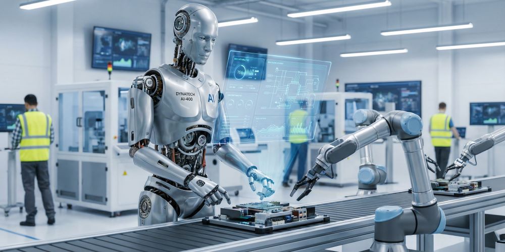 Humanoid robot working on a machine