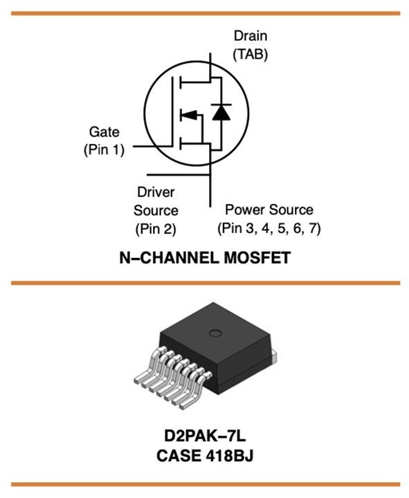 Line drawing of onsemi’s NTBG028N170M1offers VDSS rating of 1,700V in a small D2PAK package.