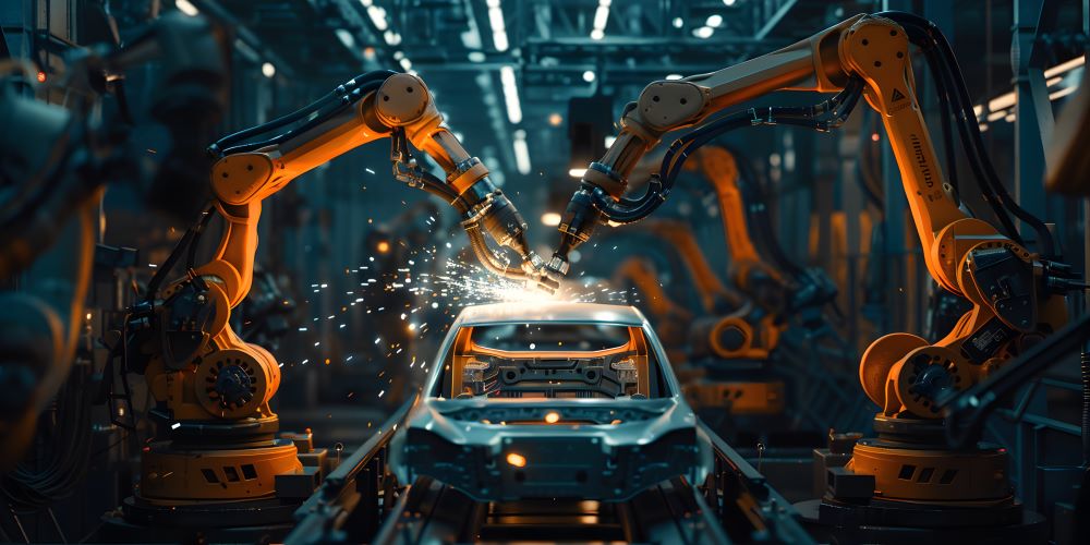 Robots welding a car