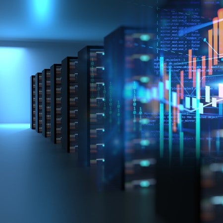 A row of servers in a room in a collage with graphs and a report