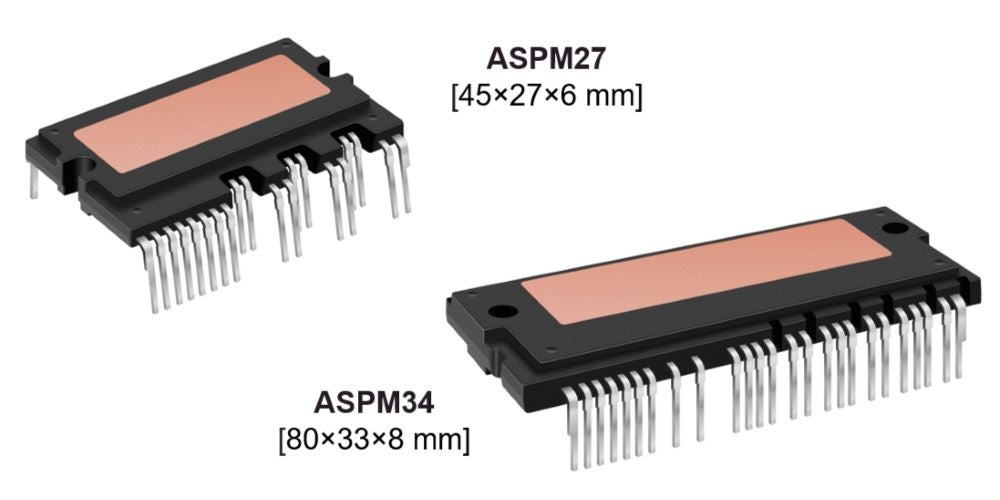 Two Automotive Smart Power Modules shown side by side: ASPM27 module sized 45 × 27 × 6 mm and ASPM34 module sized 80 × 33 × 8 mm, with exposed copper thermal pads and through‑hole pins.