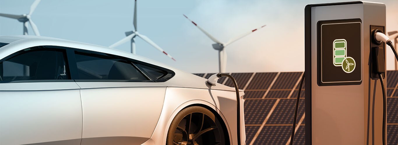 EV station with port plugged in environmentally friendly vehicle