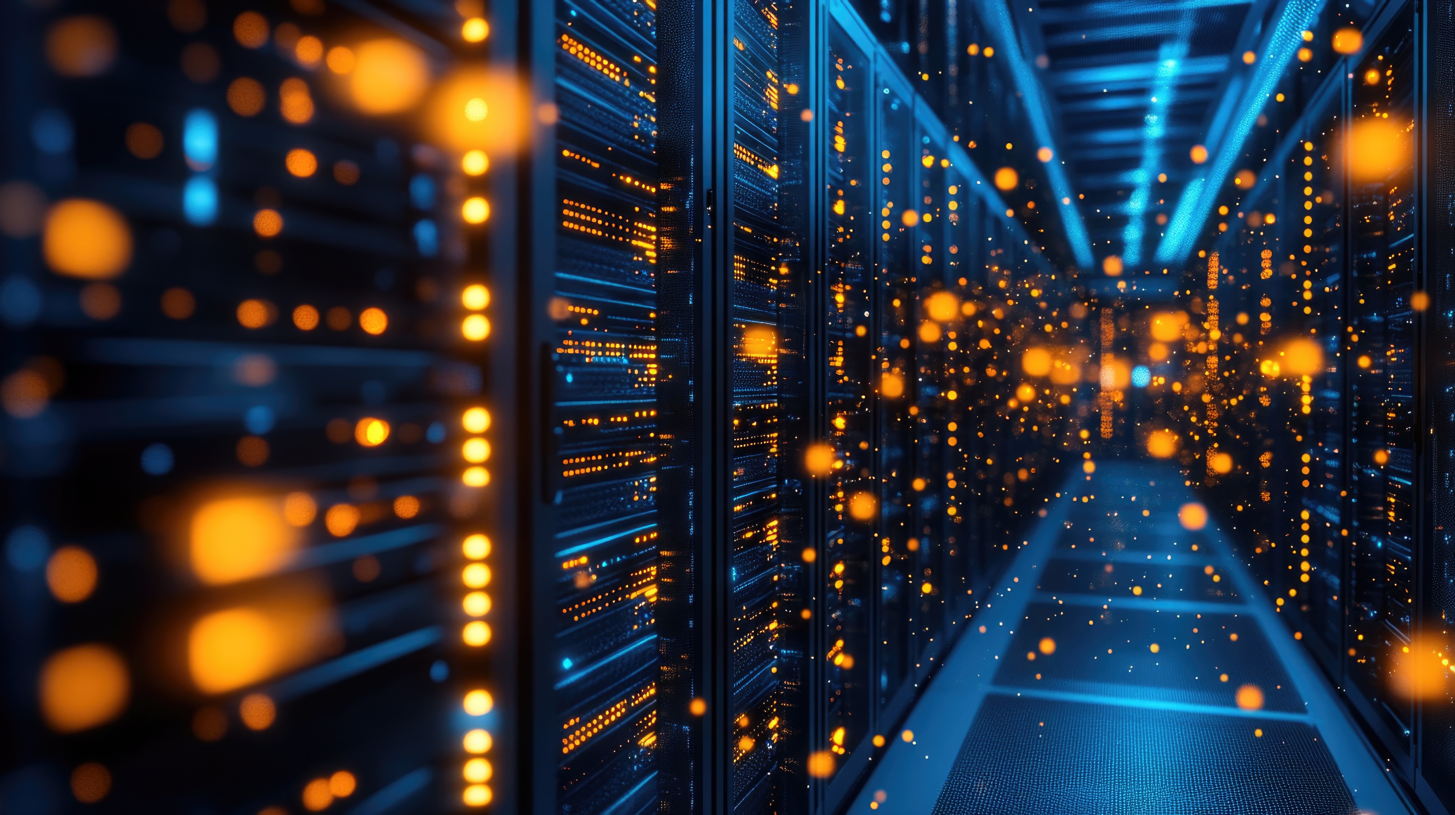 Server racks in a modern data center with glowing lights representing digital data processing and connectivity.