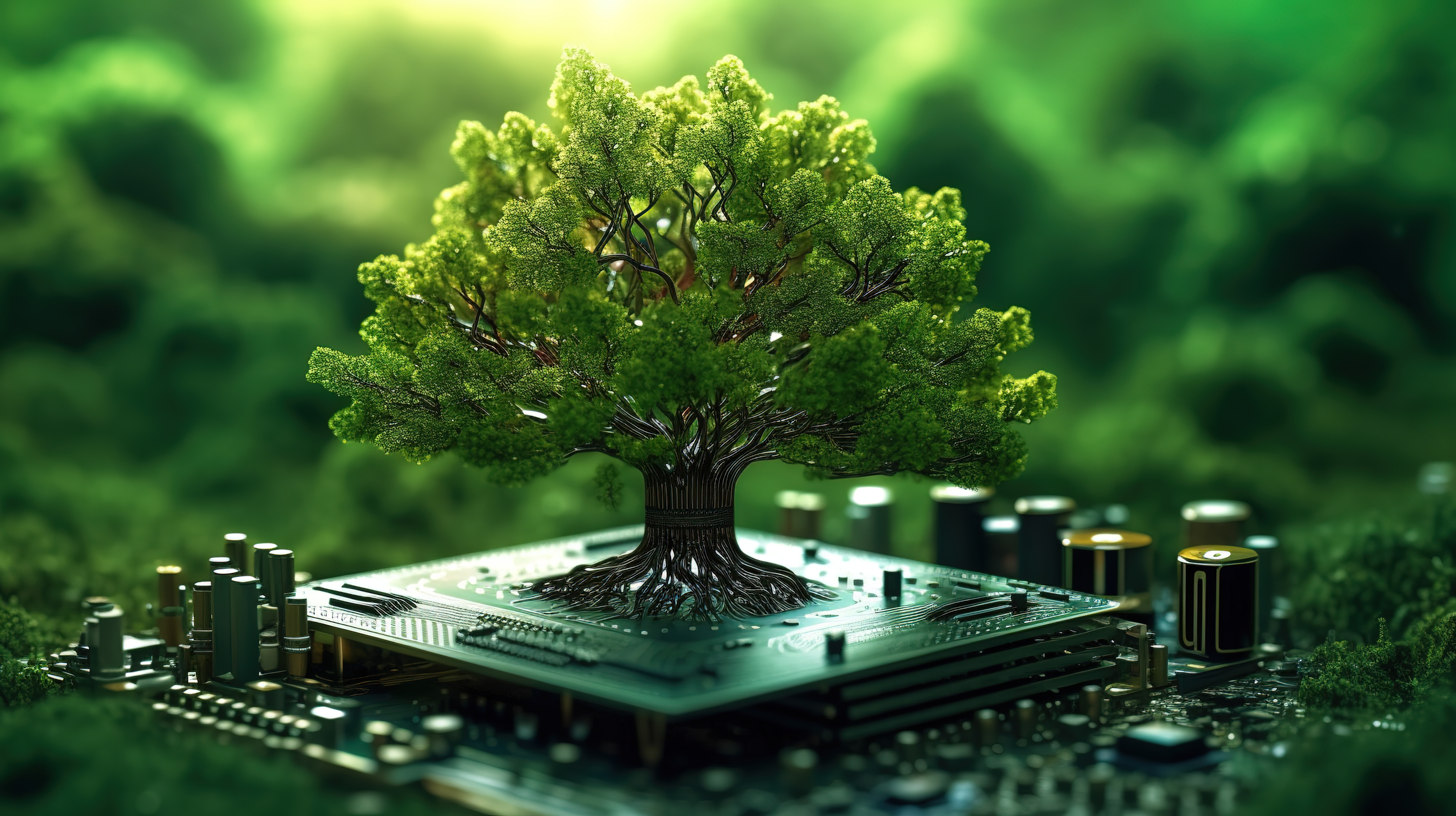 Tree growing from a computer chip on a circuit board, symbolizing sustainable technology and environmentally responsible innovation.
