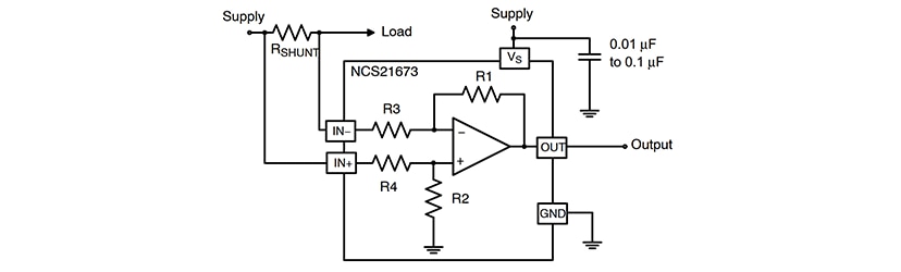 Application example showing a current sense amplifier measuring voltage across a shunt resistor in high-/low side configurations for accurate current monitoring.