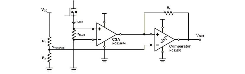 Overcurrent protection example schematic using a shunt resistor and fast comparator to electronically trip a solid state circuit breaker.
