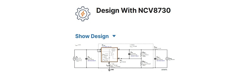 onsemi WebDesigner+ tool view illustrating self service LDO power supply design with schematic visualization and key operating parameters.