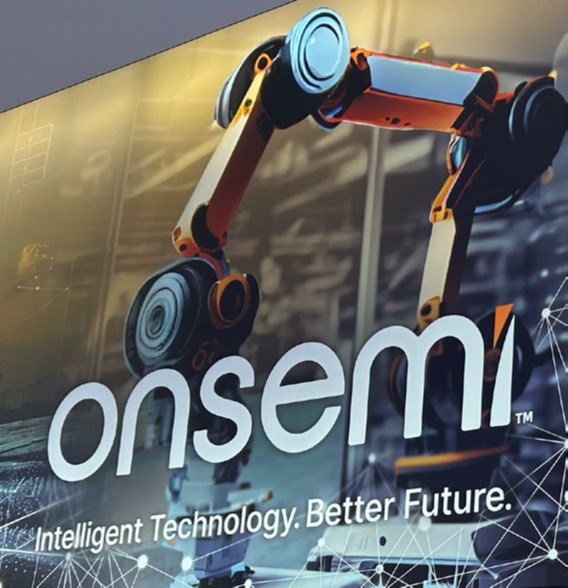 Close-up of the onsemi logo on the entrance doors.